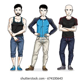 Handsome young men group standing wearing stylish sport clothes. Vector different people characters set. Lifestyle theme male characters.