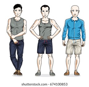 Handsome young men group standing in stylish sportswear. Vector different people characters set.