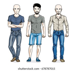 Handsome young men group standing wearing fashionable casual clothes. Vector people illustrations set. Lifestyle theme male characters.