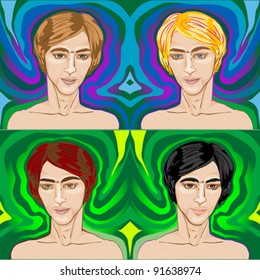 handsome young men over psychedelic backgrounds, pop art set