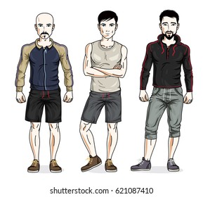 Handsome young men posing in stylish sportswear, sportsman and fitness people. Vector people illustrations set.