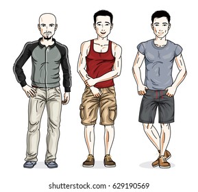 Handsome young men posing in stylish casual clothes. Vector set of beautiful people illustrations. Lifestyle theme male characters.