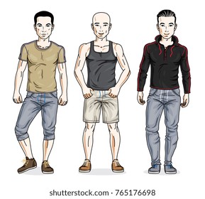 Handsome young men posing in stylish sportswear. Vector people illustrations set. Lifestyle theme male characters.