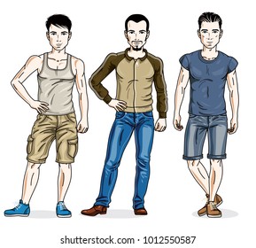 Handsome young men posing wearing casual clothes. Vector set of beautiful people illustrations. Lifestyle theme male characters.