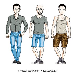 Handsome young men posing wearing casual clothes. Vector set of beautiful people illustrations.