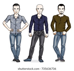 Handsome young men posing wearing casual clothes. Vector set of beautiful people illustrations. Lifestyle theme male characters.