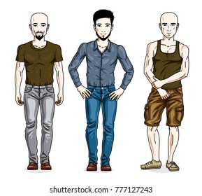 Handsome young men posing wearing casual clothes. Vector set of beautiful people illustrations.