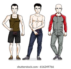 Handsome young men standing in stylish sportswear, sportsman and fitness people. Vector set of beautiful people illustrations. Lifestyle theme male characters.