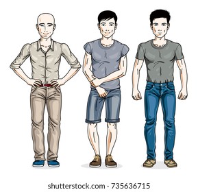 Handsome young men standing in stylish casual clothes. Vector diverse people illustrations set.