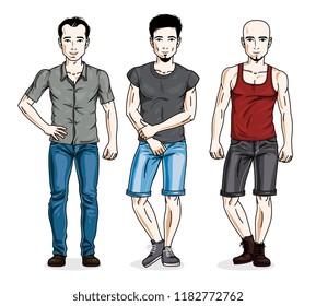 Handsome young men standing wearing fashionable casual clothes. Vector diverse people illustrations set.