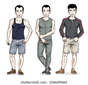 Handsome young men standing wearing stylish sport clothes. Vector set of beautiful people illustrations.