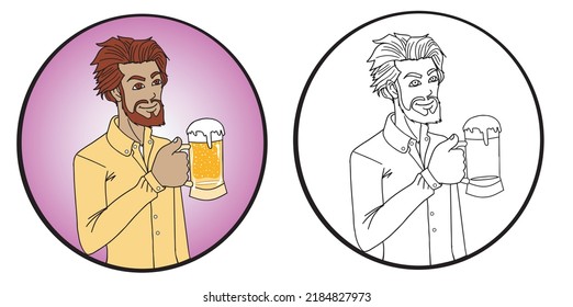 Handsome young red-haired man with a large beer glass in his hand inside a purple circle. Vector illustration with white background.