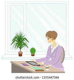 A handsome young secretary. The girl is sitting at the table. A woman works in a tablet. Vector illustration.