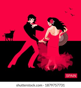 Handsome young Spaniard in traditional costume and girl flamenco dancer in red dress and holding fan in her hand against sunset sky with flying birds and unofficial symbol of Spain - black bull.