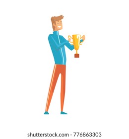 Handsome young sportsman holding winner trophy. Lucky guy. Cartoon male character in sport clothing with golden cup in hands. First place prize. Flat vector illustration