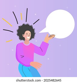 Handsome young student is holding a white speech bubble. Woman talking. best friend. Communication, speech, chat concept. vector flat illustration.
