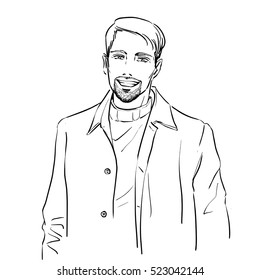 Handsome young stylish man with beard in autumn clothes. He is wearing warm winter coat. Hand drawing vector illustration with black line art. Monochrome illustration