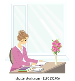Handsome young teacher. The girl is sitting at the table near the window. A woman writes in a class journal. Vector illustration.