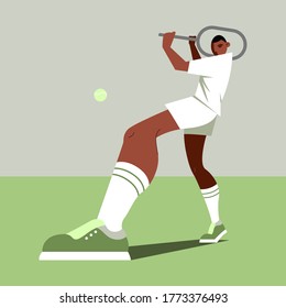 A handsome young tennis player hits the ball. Dark-skinned athlete in a flat cartoon style. Illustration in gentle colors for a poster, poster.