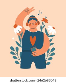 Handsome young woman listening music with earphones on head. Abstract quirky person standing among plants, flowers, leaves, music notes. Music Lover concept. Cute girl in flat design.