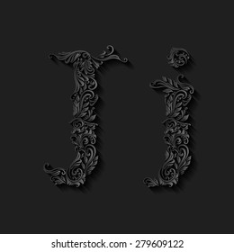 Handsomely decorated letter j in upper and lower case on black