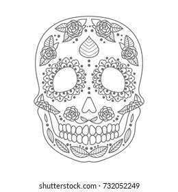 handsomely painted skull with a floral ornament. Day of The Dead sugar skull with floral ornament. Coloring page.