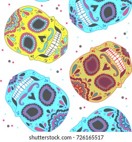 handsomely painted skull with a mustache. Day of The Dead colorful sugar skull with floral ornament and flower seamless pattern