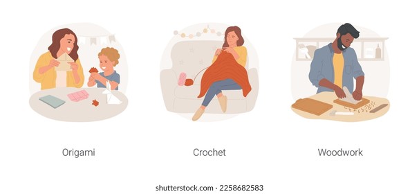 Hobbies creativos prácticos aislados de ilustraciones vectoriales de dibujos animados conjunto. Feliz familia haciendo origami juntos, mujer haciendo crochet, sosteniendo las agujas de tejido, hobby de caricatura vectorial de caricatura.