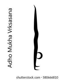 Handstand, Adho Mukha Vrksasana. Yoga Position. Vector Silhouette Illustration. Vector graphic design or logo element for spa center, studio, poster. Yoga retreat. Black. Isolated.