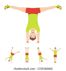 Handstand. A cheerful sports guy performs a gymnastic element in a colorful T-shirt, shorts and sneakers. Vector illustration for web sites, prints and mobile applications.