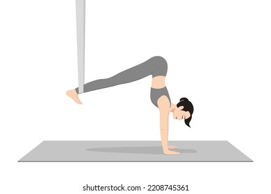 Handstand Pose Prep Aerial. Beautiful girl practice Adho Mukha Vrksasana Prep Aerial. Young attractive woman practicing yoga exercise. working out, black wearing sportswear, grey pants and top, indoor