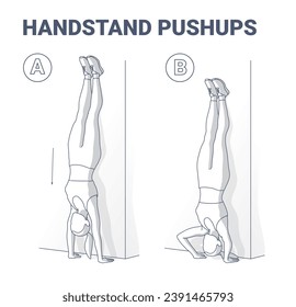 Handstand Push-Ups Exercise. Woman Bodyweight Home Workout Guidance. Girl Doing Handstand Pose and Pushups for Hand Strength.