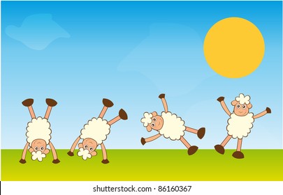 handstand sheep over landscape background. vector