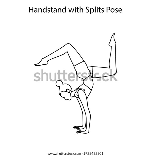 Handstand with splits pose yoga\
workout outline on the white background. Vector\
illustration