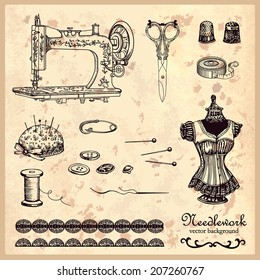 Handstitched vintage set. Hand drawing. Illustration for greeting cards, invitations, and other printing and web projects.