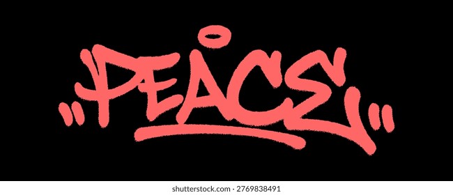 Handstyle graffiti tag featuring the word Peace with stylized drips. Urban street art representation of spiritual tranquility, divine harmony, and inner calm.