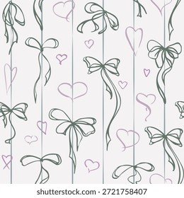 Hand-tied ribbons with long trailing ends on thin string stripes, doodle hearts. Seamless pattern isolated illustration hand drawn in ink. Ideal for festive wrapping, stationery, invitation design.