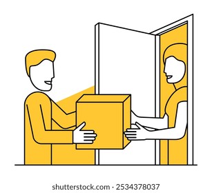 Hand-to-hand Delivery worker brings the package parcel to the door of woman client - small business concept. In thin line and yellow color