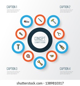Handtools icons colored line set with hammer, pliers, nippers and other turn-screw elements. Isolated vector illustration handtools icons.