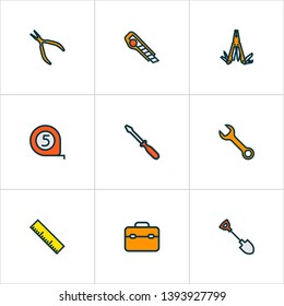 Handtools icons colored line set with tape measure, toolbox, nippers and other round pliers elements. Isolated vector illustration handtools icons.