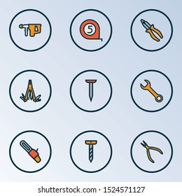 Handtools icons colored line set with electric hammer, pliers, nail and other sawing elements. Isolated vector illustration handtools icons.