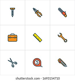 Handtools icons colored line set with wrench, toolbox, scissors and other shears elements. Isolated vector illustration handtools icons.