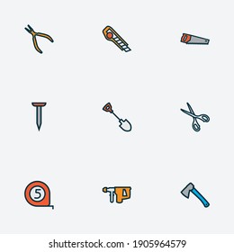 Handtools Symbole farbige Linie gesetzt mit Nippeln, Luke, Band-Maß und andere Instrumentenelemente. Einzige Vektorgrafik-Handwerkzeuge-Symbole.