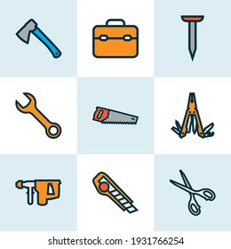 Handtools icons colored line set with saw, nail, hatchet and other bolt nut elements. Isolated vector illustration handtools icons.