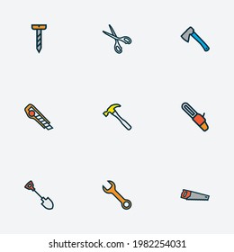 Herramientas de mano iconos de línea coloreada con sierra, llave, pala y otros elementos de corte. Iconos de herramientas manuales de ilustraciones vectoriales aisladas.