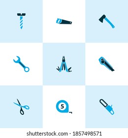 Handtools icons colored set with multi tool, chainsaw, bolt and other axe elements. Isolated vector illustration handtools icons.