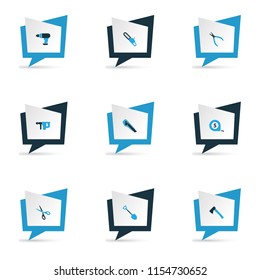 Handtools icons colored set with utility knife, scissors, chainsaw and other saw elements. Isolated vector illustration handtools icons.