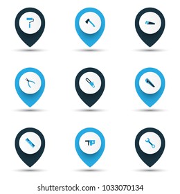Handtools icons colored set with wrench, measurement, chainsaw and other handsaw elements. Isolated vector illustration handtools icons.