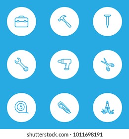 Handtools icons line style set with shears, meter, tool and other multifunctional pocket elements. Isolated vector illustration handtools icons.