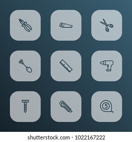 Handtools icons line style set with measurement, tape measure, drill and other tool elements. Isolated vector illustration handtools icons.